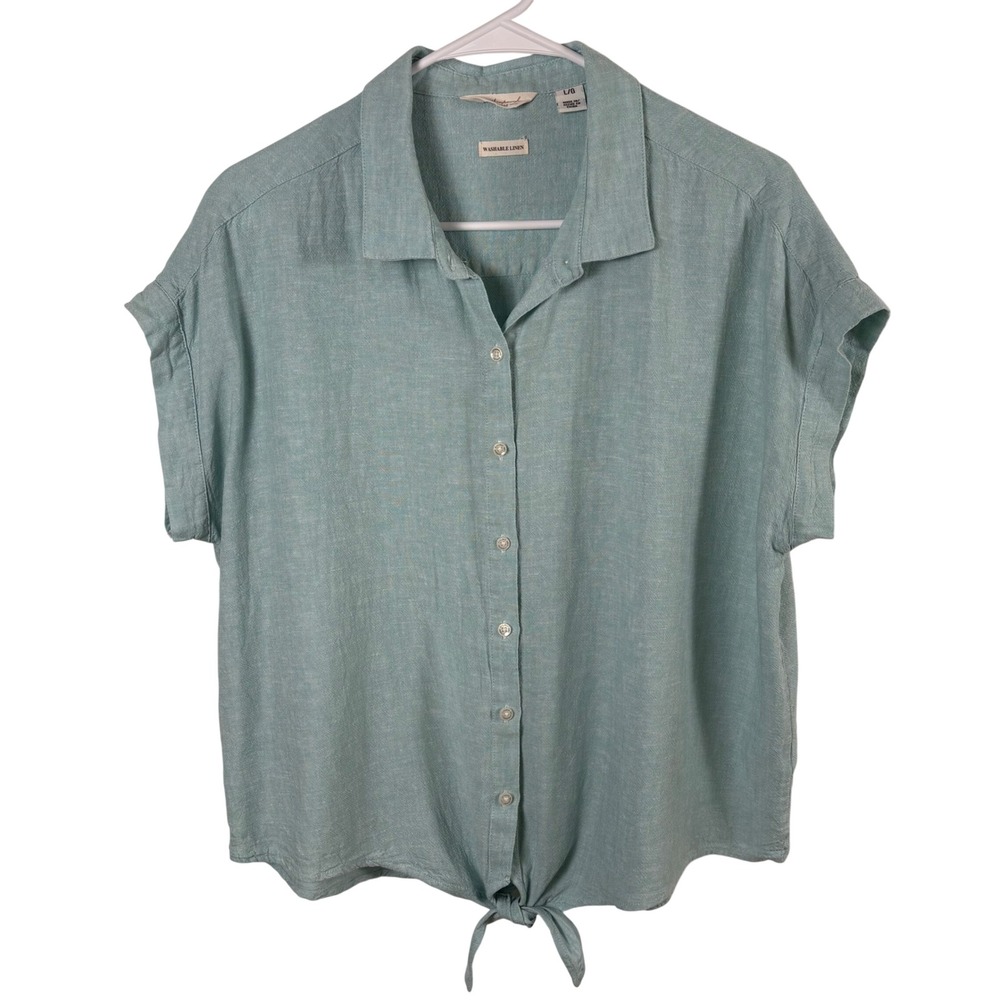 Weatherproof Vintage Shirt L Green Linen Blend Tie‎ Front Short Sleeve Coastal